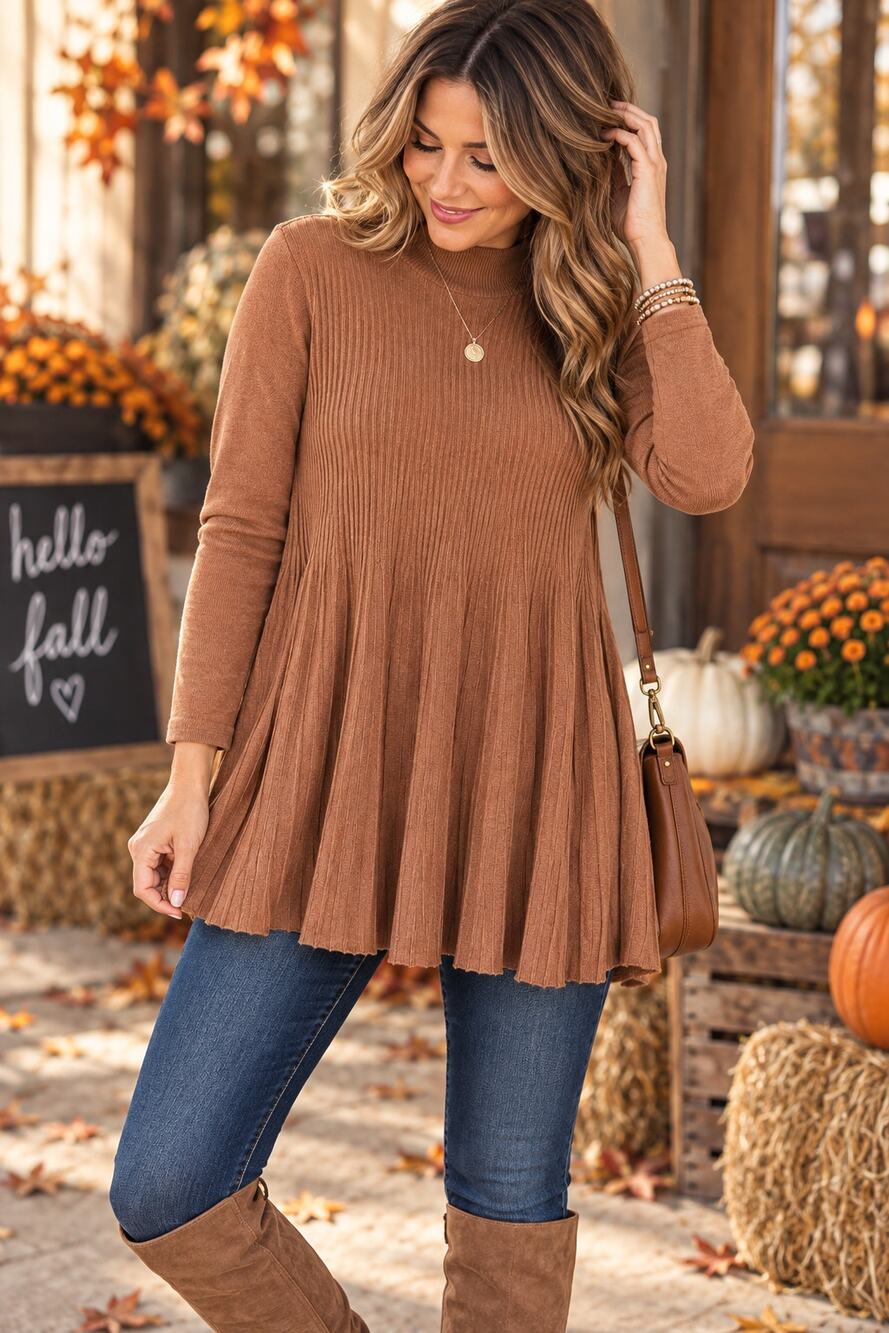 Joan Rivers Brown Ribbed Mock Neck A Line Tunic Sweater Long Sleeve L